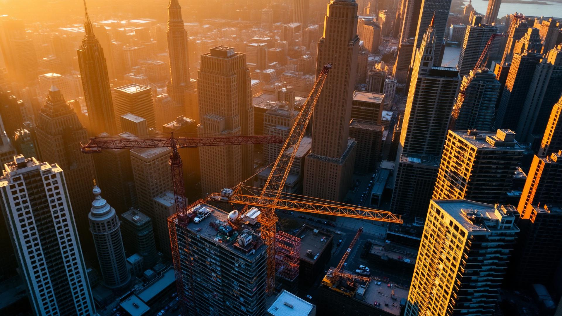NYC construction skyline at sunrise